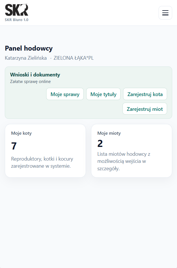 SKR Biuro — panel hodowcy: wnioski, lista kotów i miotów