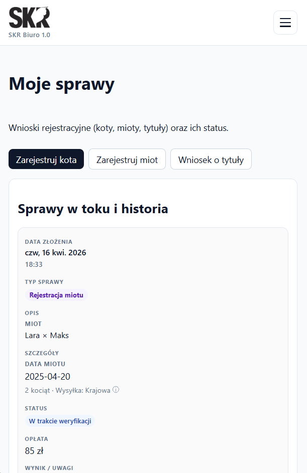SKR Biuro — moje sprawy: status wniosków rejestracyjnych