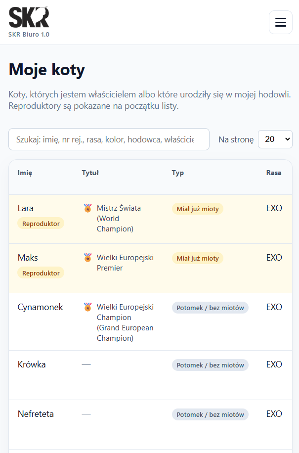 SKR Biuro — moje koty: lista i dane hodowlane